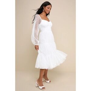 Lulus Affectionate Aura White Swiss Dot Tiered Bustier Midi Dress Square Neck L